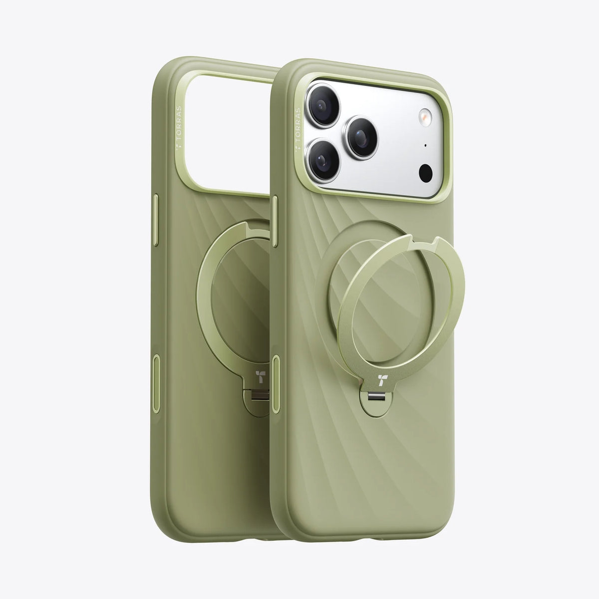 TORRAS Ostand Q3 Silicone Wind Limited case, olive green, for iPhone 17 Pro Max with kickstand.