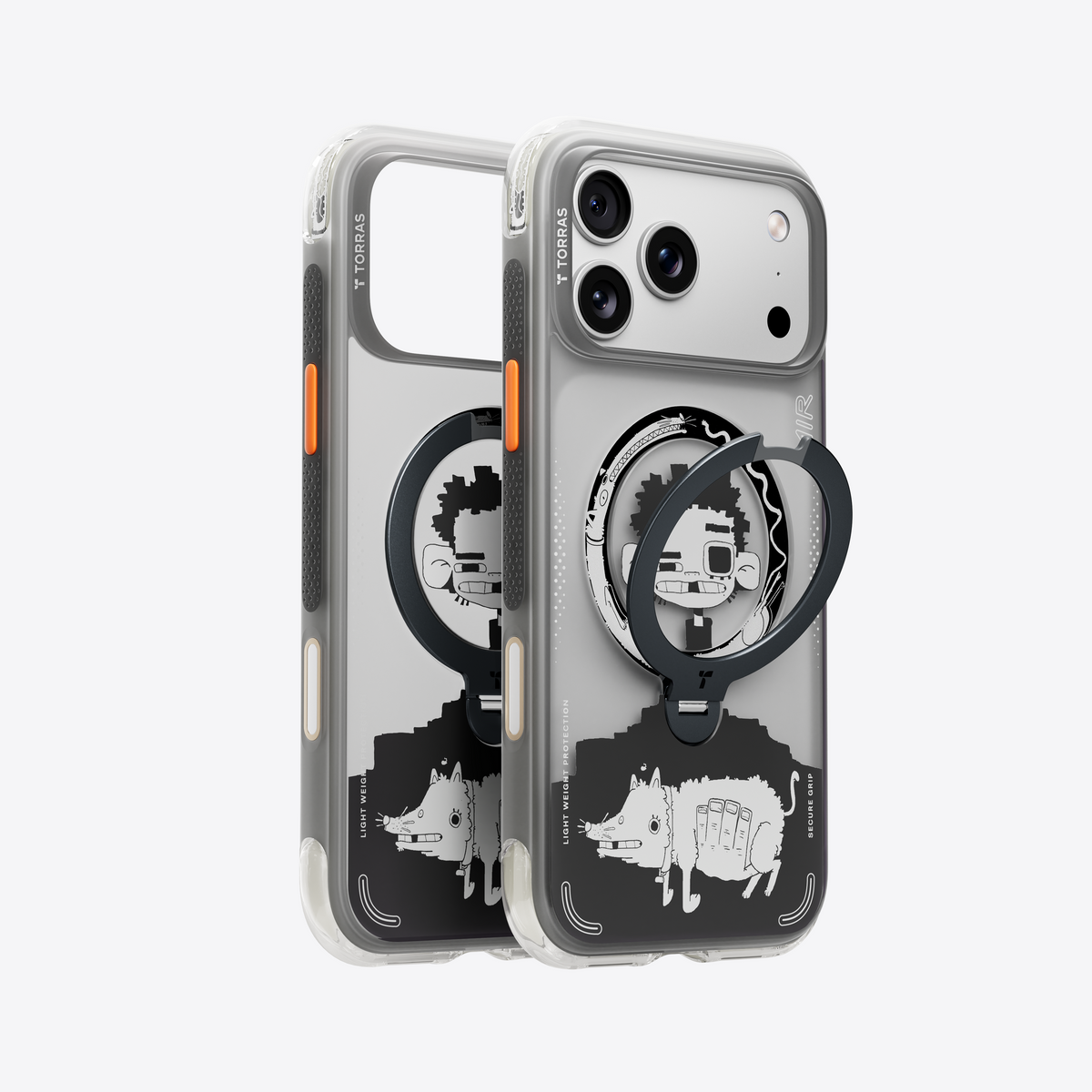 TORRAS Q3 Air Limited Edition iPhone 17 Pro case with cartoon character & ring stand.