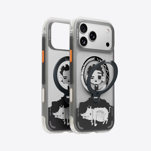 TORRAS Q3 Air Limited Edition iPhone 17 Pro case with cartoon character & ring stand.