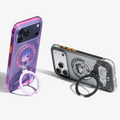 TORRAS Ostand Q3 Air iPhone 17 Pro case, purple & clear grey, with graphic art & ring stands.