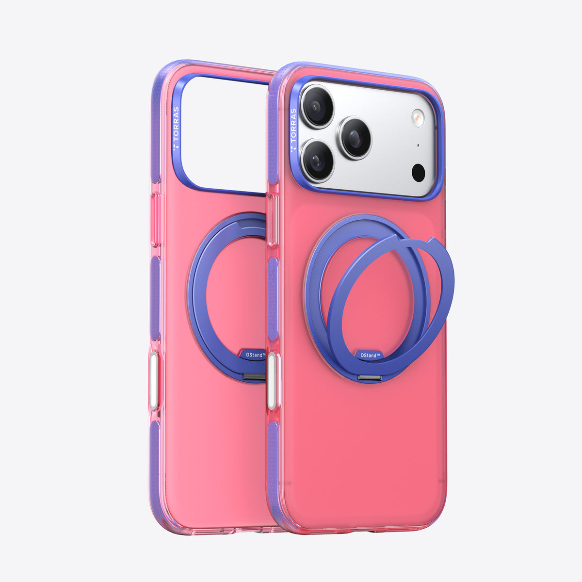 TORRAS Ostand O3 Hue pink iPhone 17 Pro case with blue integrated ring stand.