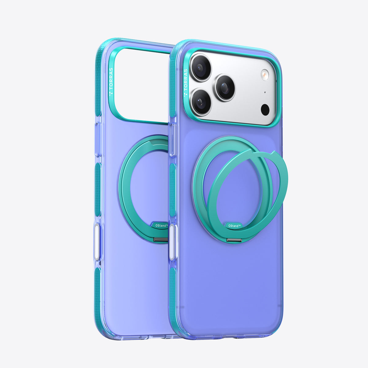 TORRAS Ostand O3 Hue iPhone 17 Pro case, transparent purple with teal magnetic stand.