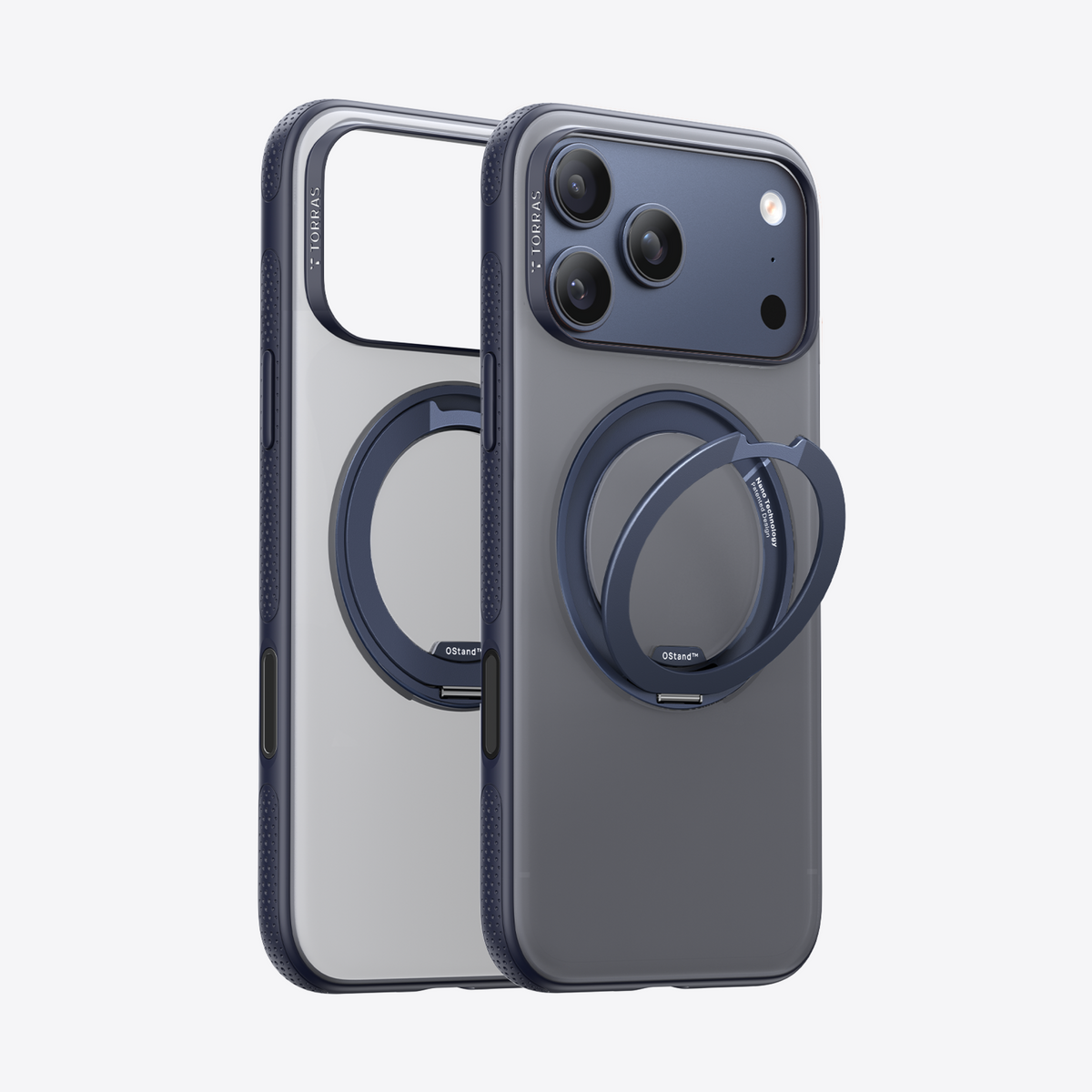 TORRAS Ostand O3 Fitness case for iPhone 17 Pro Max in dark blue with magnetic stand.