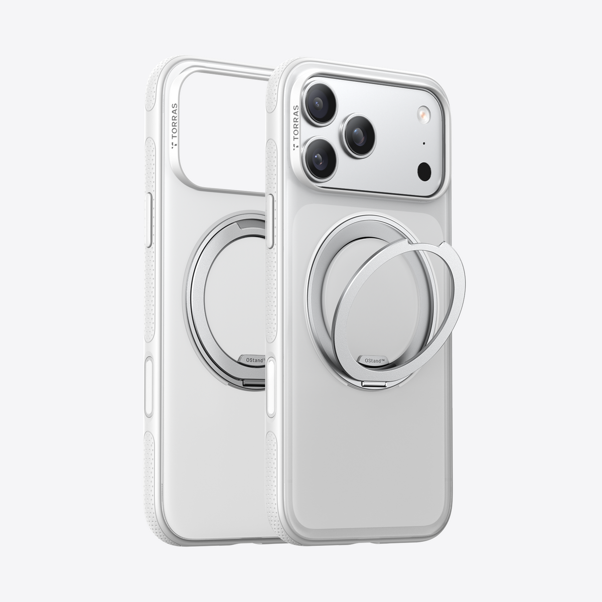 White TORRAS Ostand O3 Fitness case for iPhone 17 Pro Max with silver ring stand