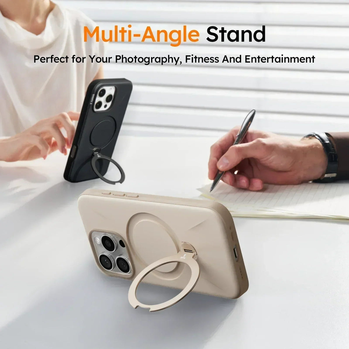 TORRAS Ostand Q3 Fusion iPhone 16 Pro case with integrated multi-angle ring stand.