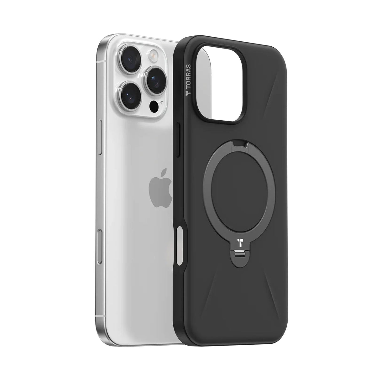 Black TORRAS Ostand Q3 Fusion iPhone 16 Pro case with 360° rotatable magnetic bracket