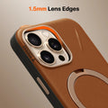 TORRAS Ostand Q3 VegSkin brown iPhone 16 Pro Max case with ring and 1.5mm lens protection.