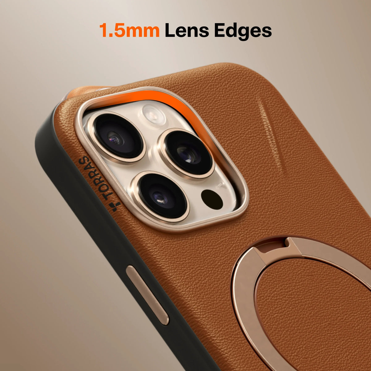 TORRAS Ostand Q3 VegSkin brown iPhone 16 Pro Max case with ring and 1.5mm lens protection.