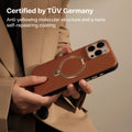 TORRAS Ostand Q3 VegSkin iPhone 16 Pro Max case: brown, magnetic stand, TÜV anti-yellowing.