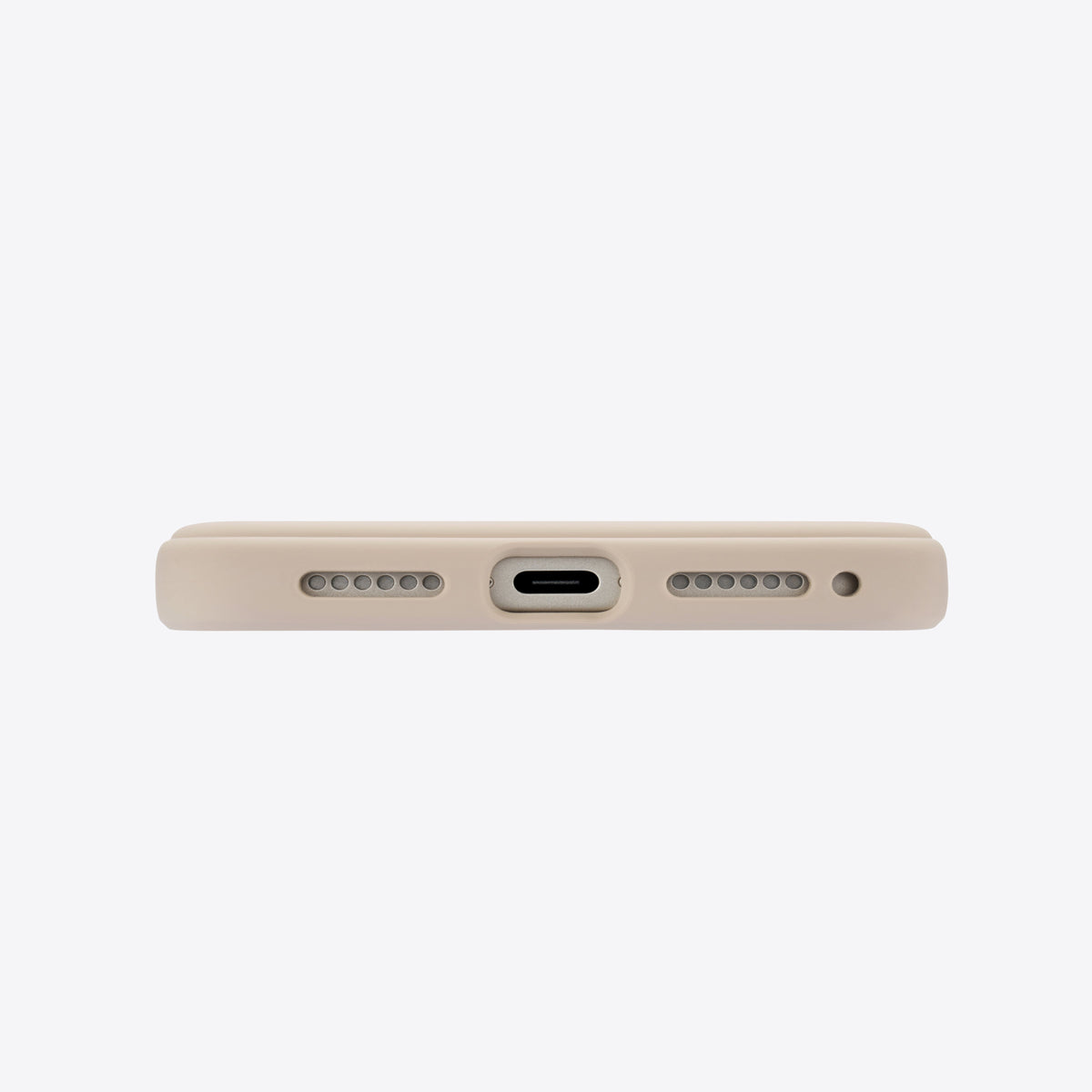 TORRAS Ostand Q3 beige silicone case for iPhone 17 Pro: bottom port and speaker grilles.