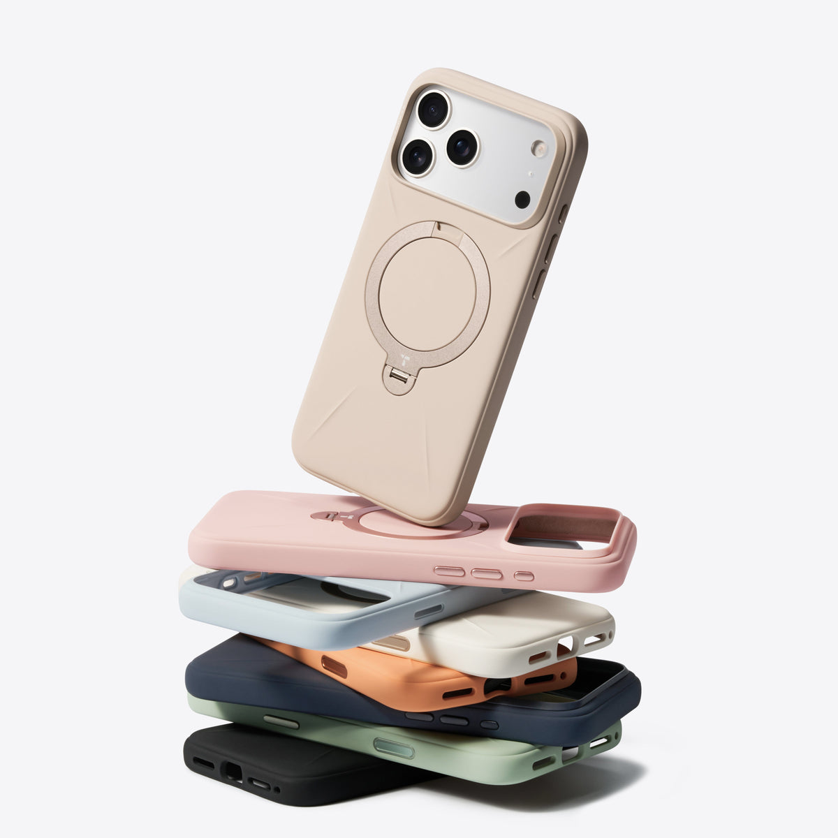 TORRAS Ostand Q3 silicone iPhone 17 Pro cases in multiple colors, beige with magnetic stand.
