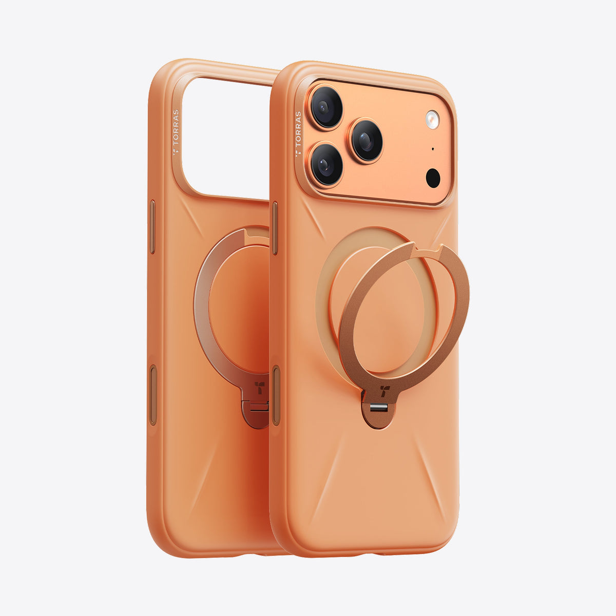 TORRAS Ostand Q3 orange silicone iPhone 17 Pro case with magnetic stand ring