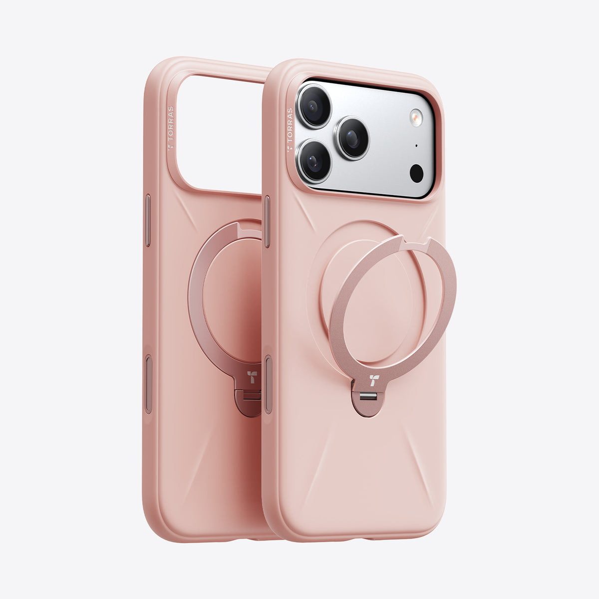 TORRAS Ostand Q3 pink silicone iPhone 17 Pro case with magnetic ring stand