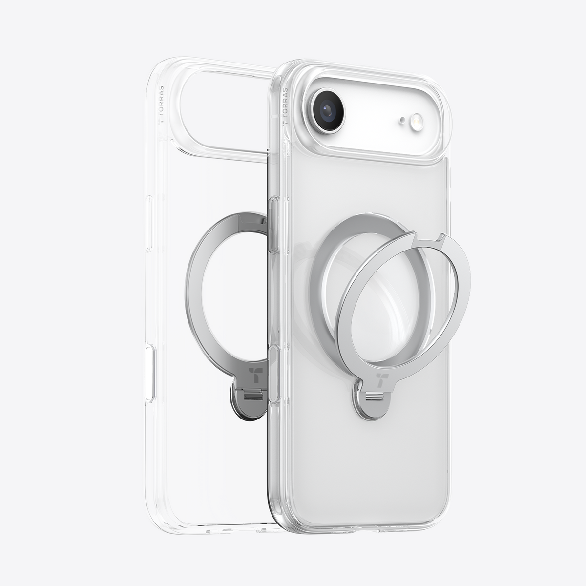 TORRAS Ostand Q3 Spin magnetic clear case for iPhone 17 Air with silver 360° spin stand.