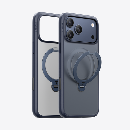 Dark blue TORRAS Ostand Q3 Spin case for iPhone 17 Pro with integrated magnetic stand.