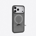 Smoky grey TORRAS Ostand Q3 Spin MagSafe case for iPhone 17 with silver ring stand.