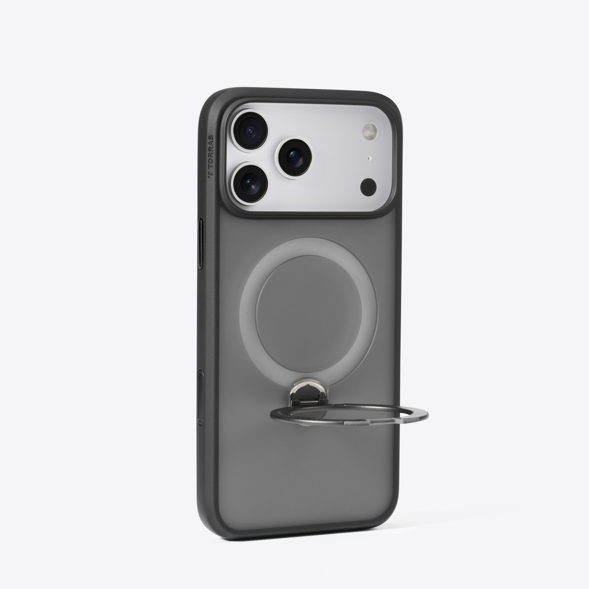 Smoky grey TORRAS Ostand Q3 Spin MagSafe case for iPhone 17 with silver ring stand.