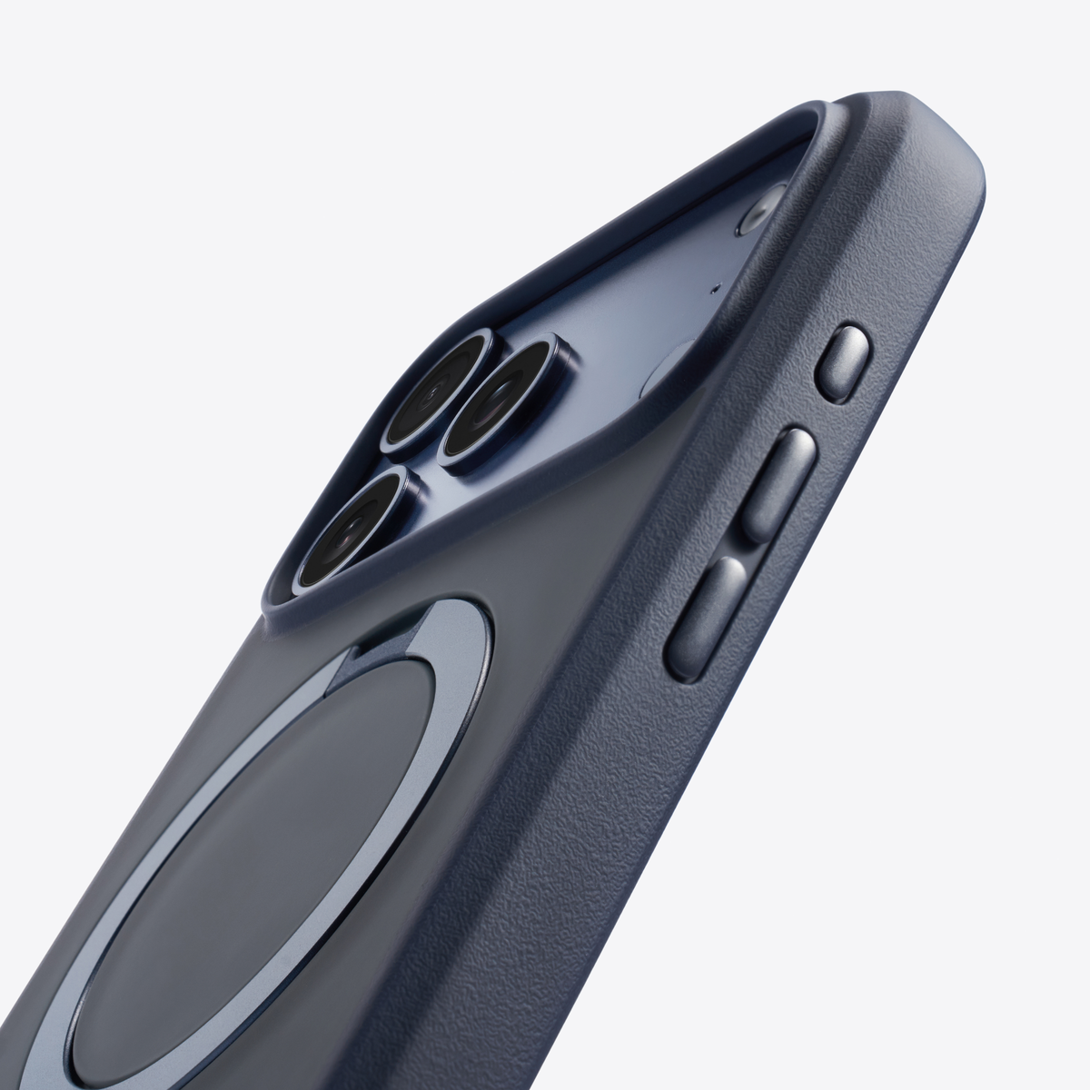 TORRAS Ostand Q3 Spin iPhone 17 case: magnetic ring, textured dark blue, 360° stand.