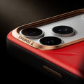 TORRAS Ostand Q3 red vegskin iPhone 17 Series case with rose gold camera trim & logo.
