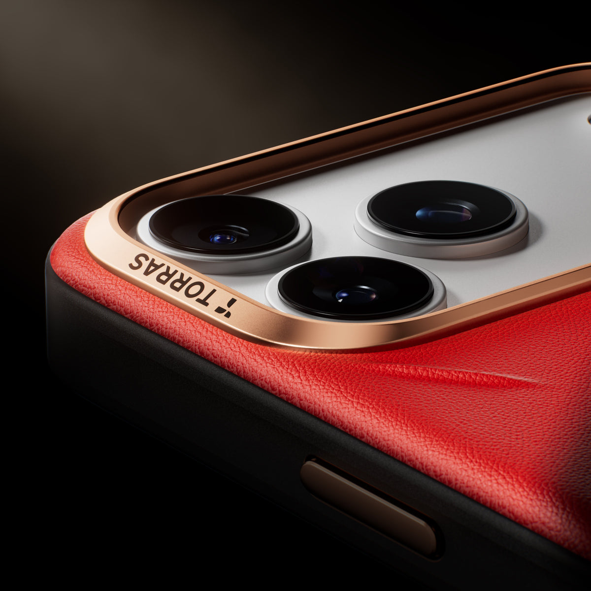 TORRAS Ostand Q3 red vegskin iPhone 17 Series case with rose gold camera trim & logo.