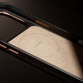 TORRAS Ostand Q3 vegskin iPhone 17 case interior with MagSafe ring, rose gold buttons & logo.