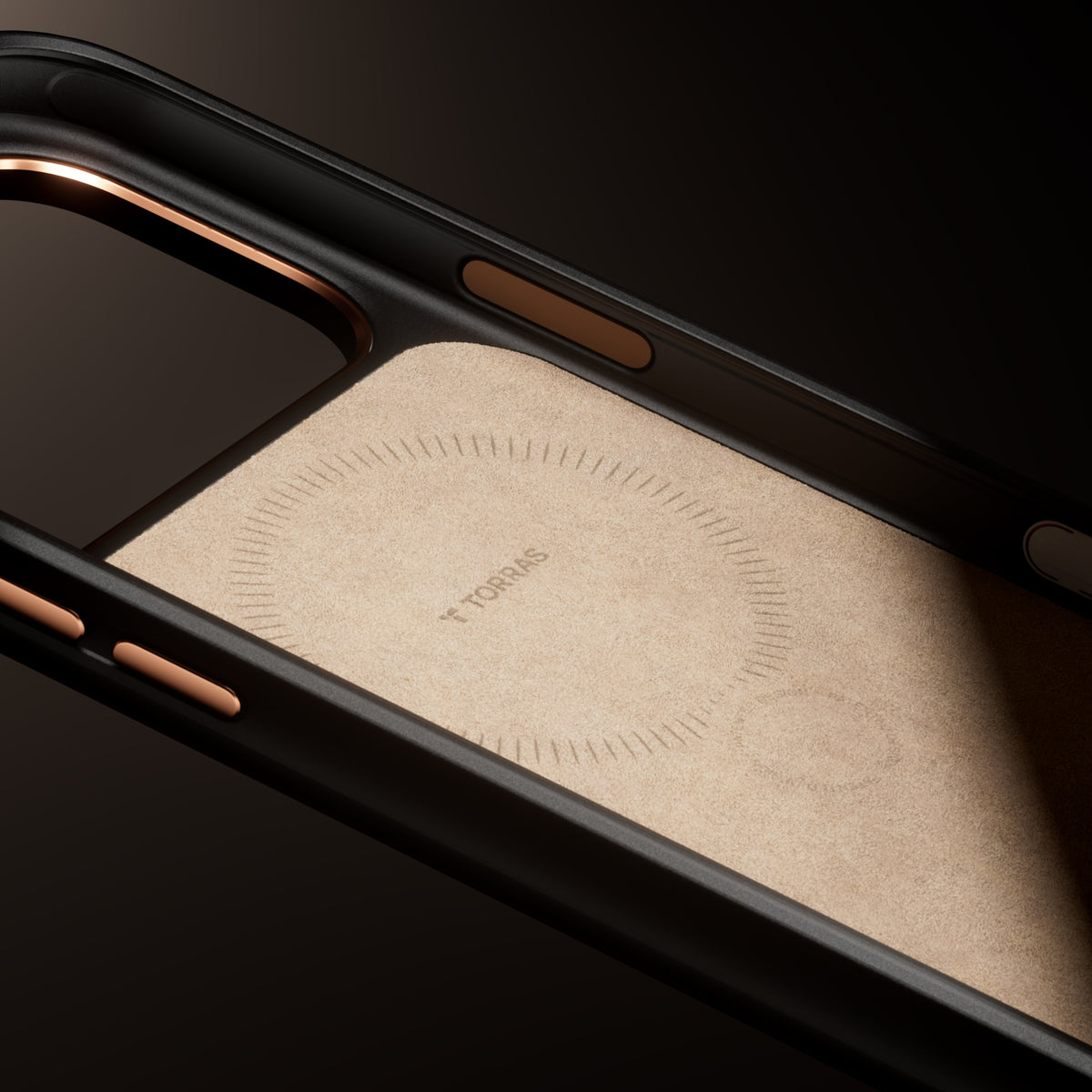 TORRAS Ostand Q3 vegskin iPhone 17 case interior with MagSafe ring, rose gold buttons & logo.