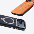 Dark blue and vibrant orange TORRAS Ostand Q3 VegSkin cases for iPhone 17 Pro Max with kickstands.