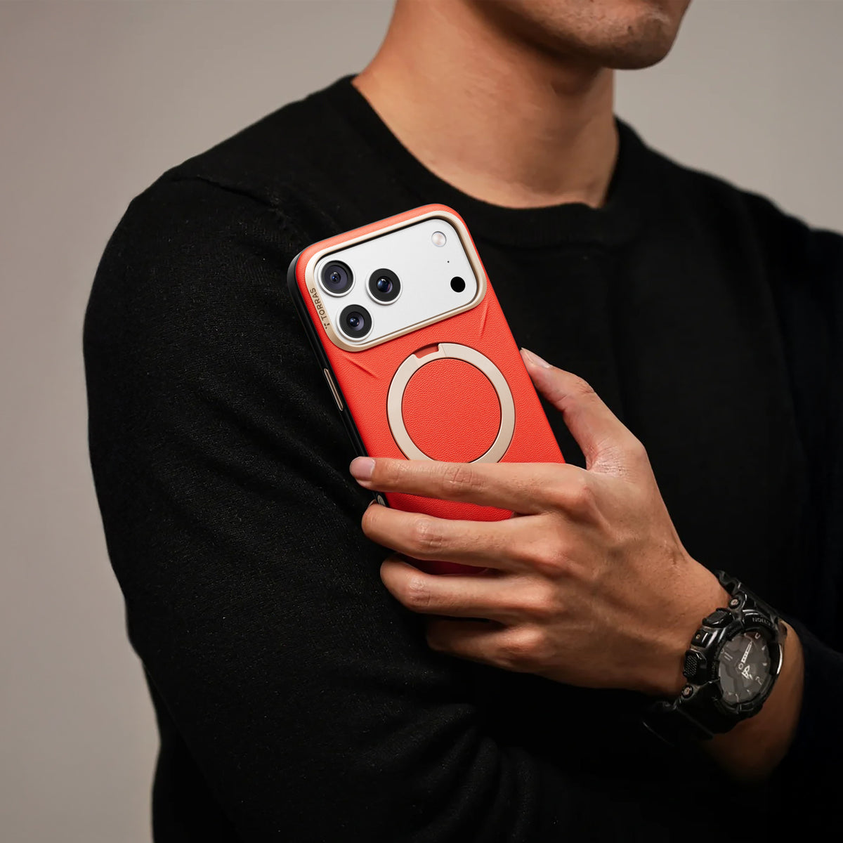 TORRAS Ostand Q3 Vegskin Red Edition case for iPhone 17 Series with integrated ring stand.