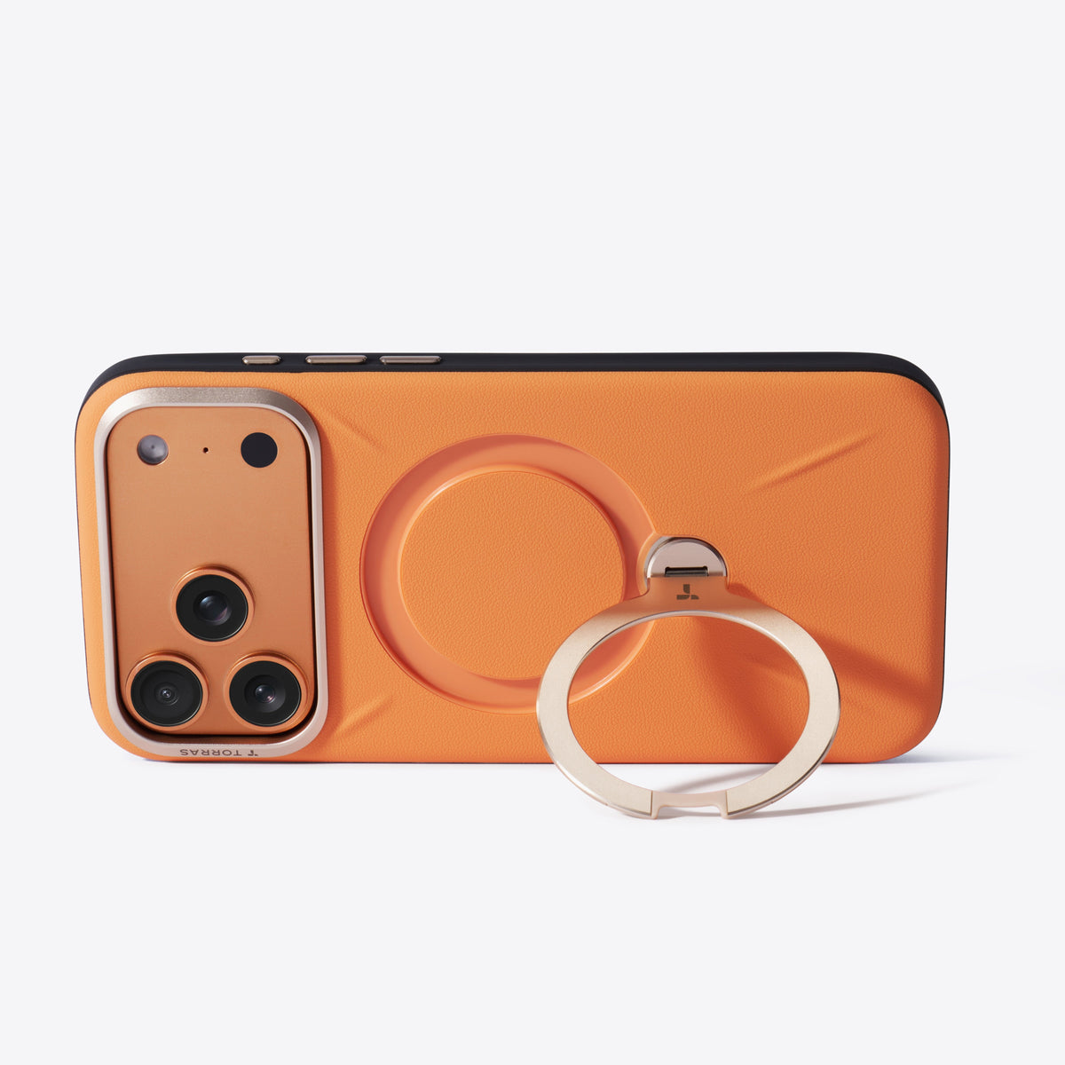 Orange TORRAS Ostand Q3 VegSkin iPhone 17 Pro Max case with textured finish & gold kickstand ring.