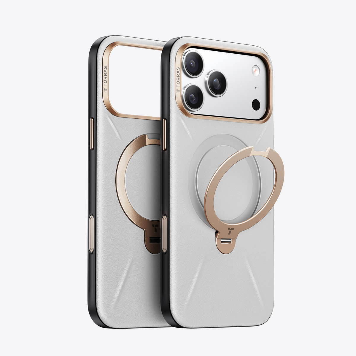 TORRAS Ostand Q3 white VegSkin case for iPhone 17 Pro Max with rose gold magnetic stand.