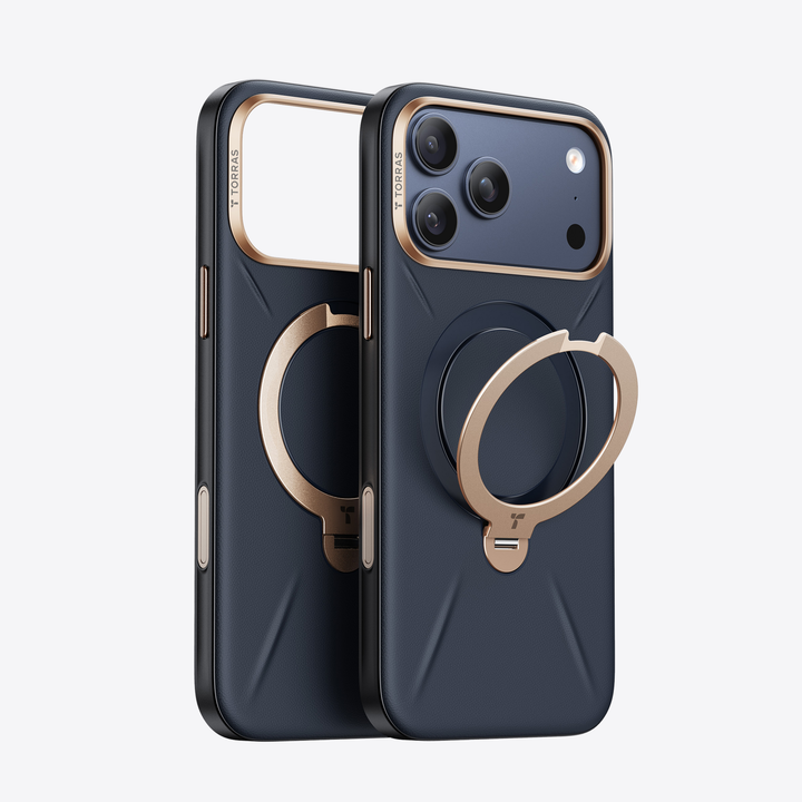 TORRAS Ostand Q3 VegSkin iPhone 17 Pro Max case in dark blue with gold kickstand ring.