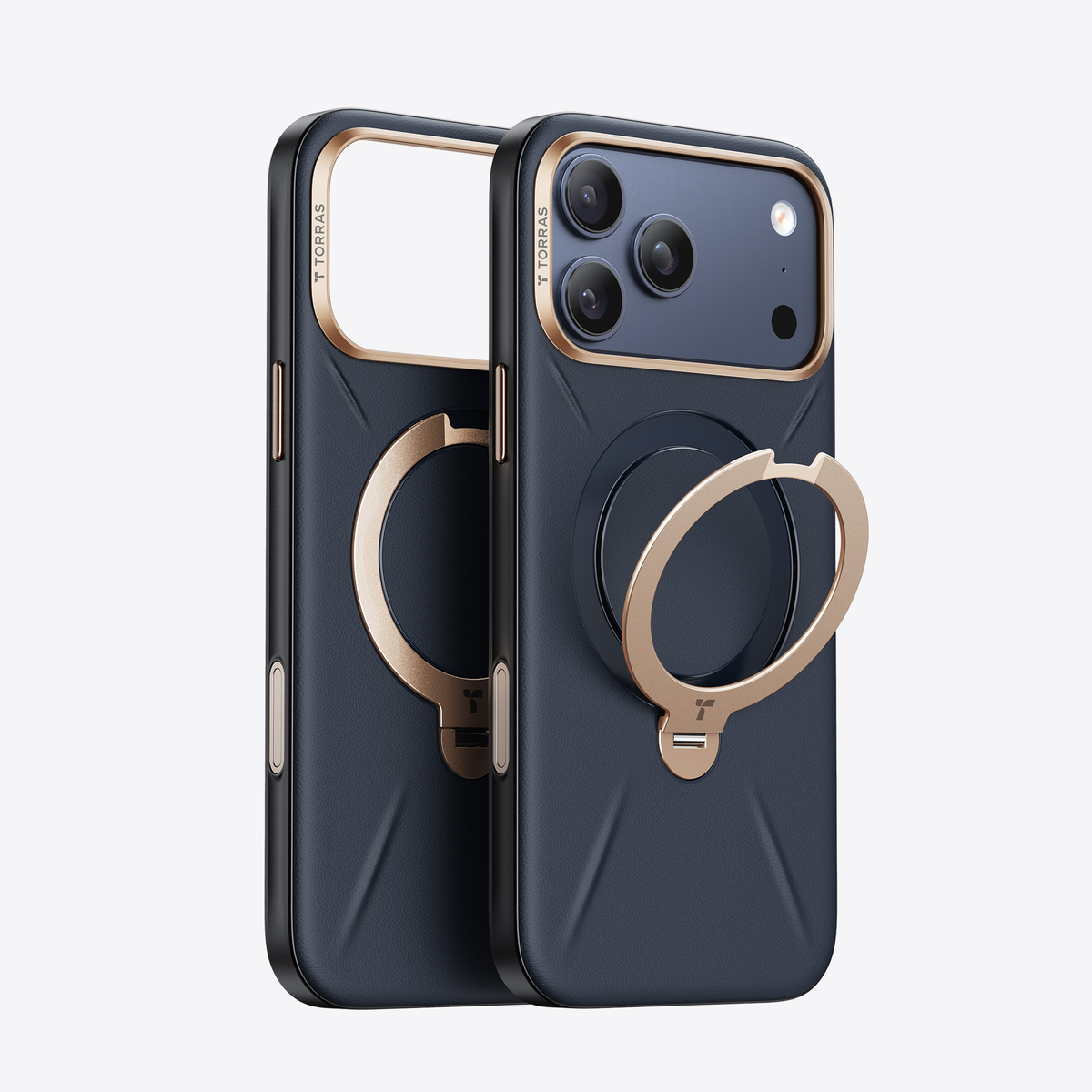 TORRAS Ostand Q3 VegSkin iPhone 17 Pro Max case in dark blue with gold magnetic ring stand.