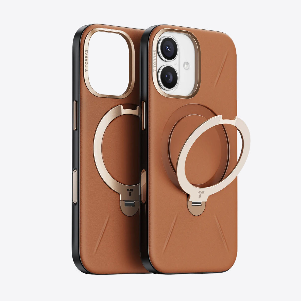 TORRAS Ostand Q3 VegSkin iPhone 17 case, brown leather texture, gold metal stand.