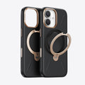 TORRAS Ostand Q3 VegSkin iPhone 17 case: black embossed PU leather with gold ring stand.