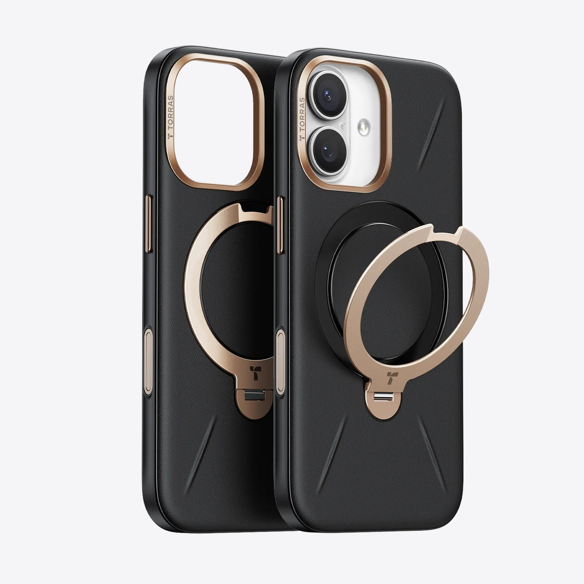 TORRAS Ostand Q3 VegSkin iPhone 17 case: black embossed PU leather with gold ring stand.