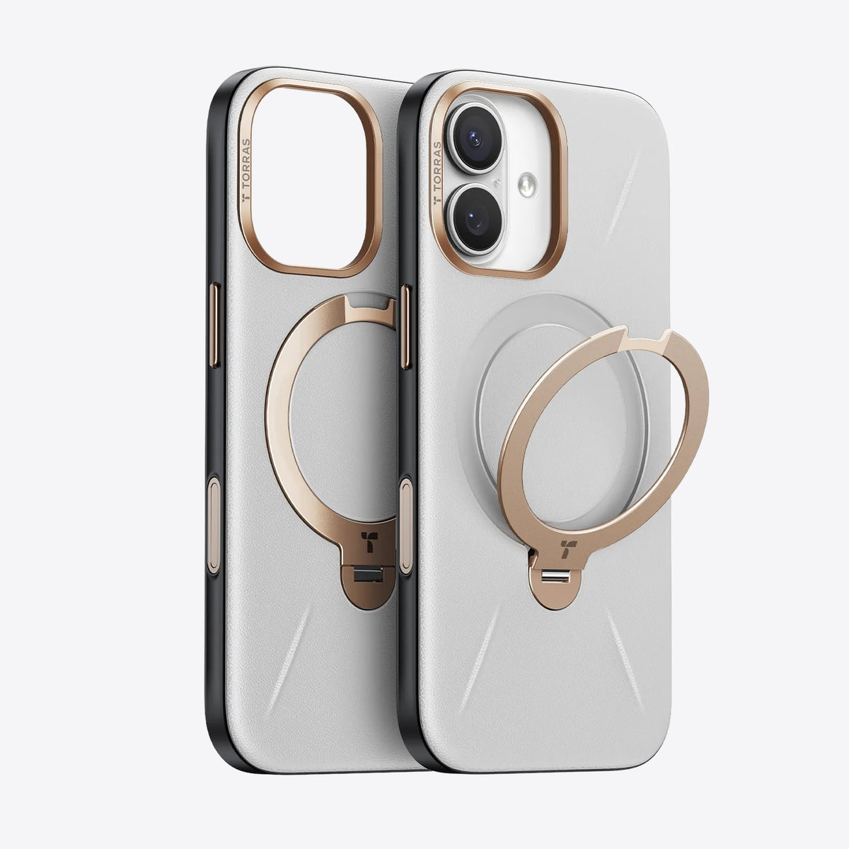 TORRAS Ostand Q3 VegSkin iPhone 17 case with gold ring stand and textured white finish.