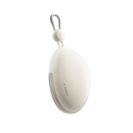 TORRAS FlexLine Pebble Power Bank 10k mAh, cream, with integrated hook and silver loop.
