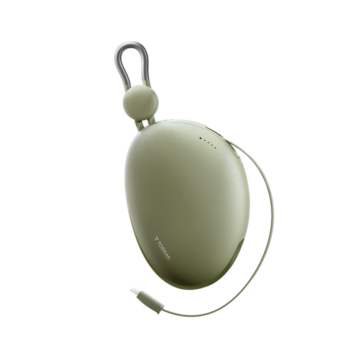 TORRAS FlexLine Pebble 10000mAh power bank, olive green, with retractable cable and hook.