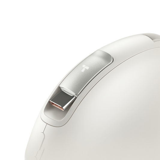 White TORRAS FlexLine Pebble Power Bank 10k mAh showing silver accent with logo & USB-C port.