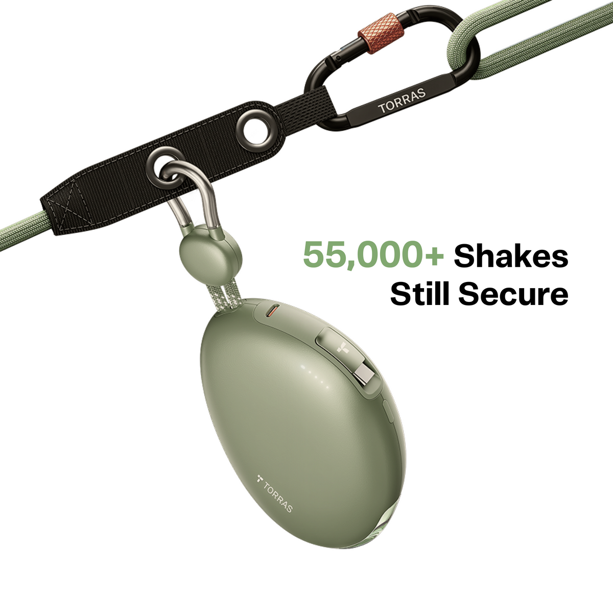 TORRAS Pebble Power Bank 10k mAh, sage green pebble design, secured by carabiner. Tested for 55,000+ shakes.