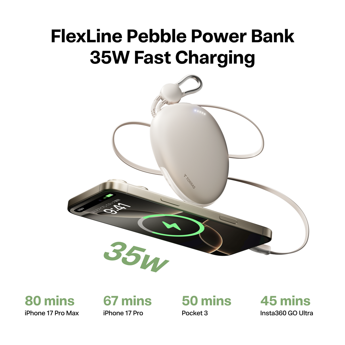 TORRAS FlexLine Pebble Power Bank 10k mAh with 35W fast charging.