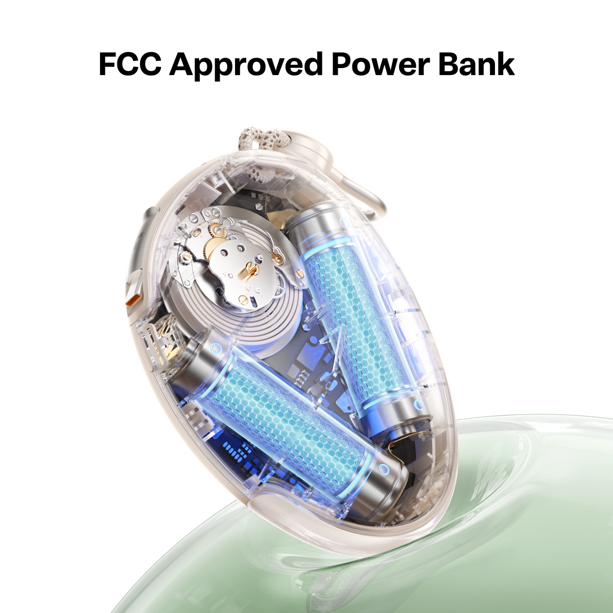 TORRAS FlexLine Pebble 10k mAh Power Bank internal view: blue honeycomb batteries, gears, circuitry. FCC Approved.