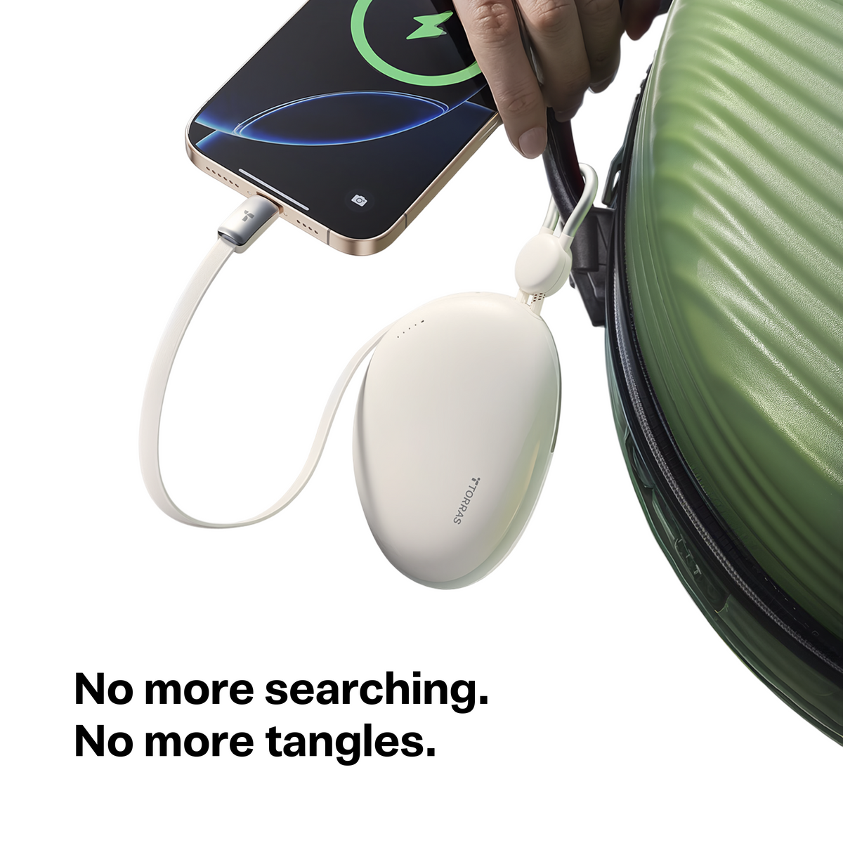 TORRAS FlexLine Pebble Power Bank 10k mAh charging phone with built-in retractable cable.