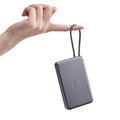 TORRAS PebbleLink 10k mAh power bank, gray, with braided strap doubling as USB-C cable.