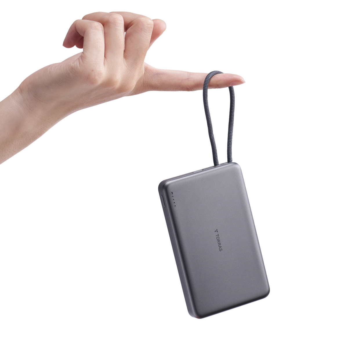 TORRAS PebbleLink 10k mAh power bank, gray, with braided strap doubling as USB-C cable.