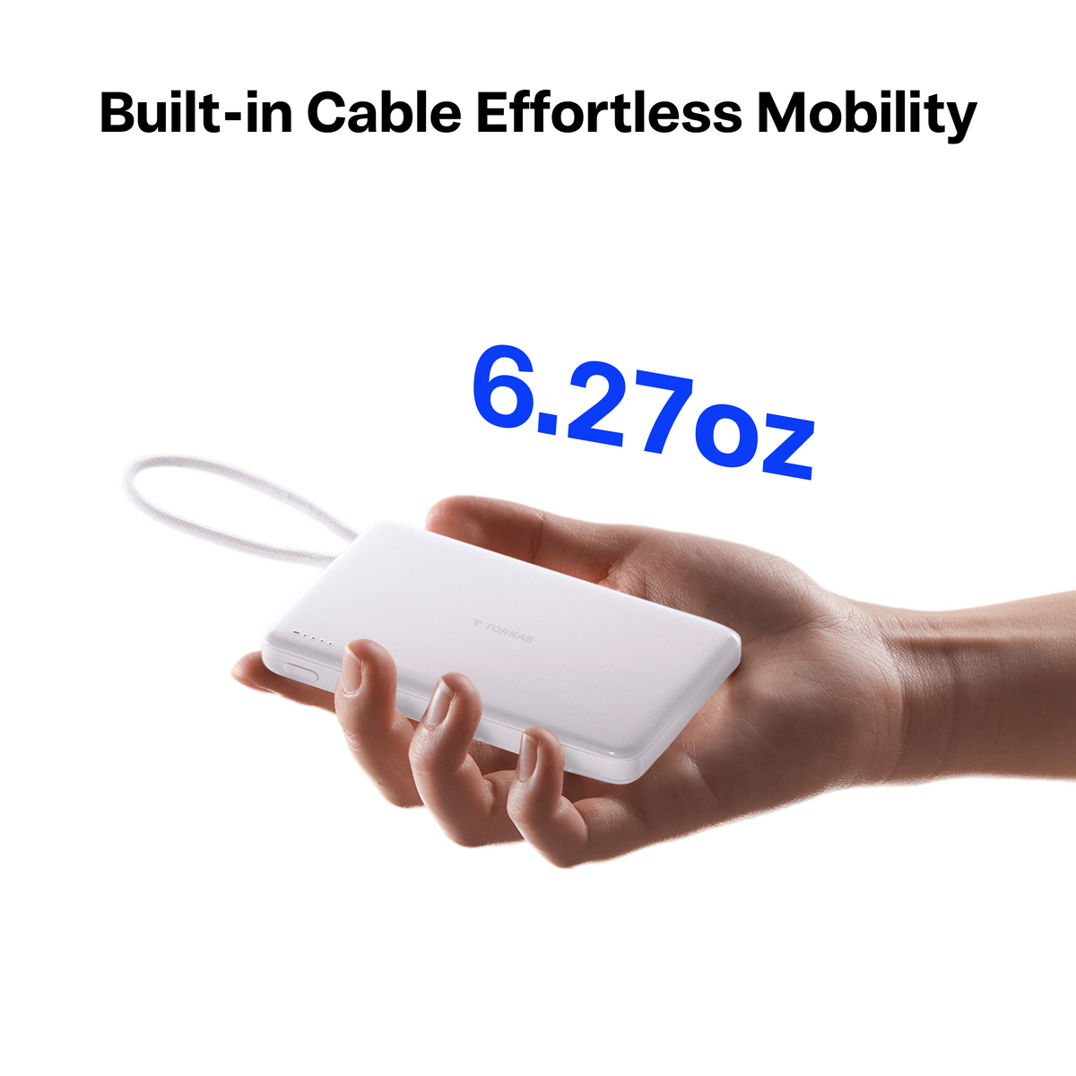 White TORRAS PebbleLink power bank (10k mAh) with built-in cable, weighs 6.27oz, showing effortless mobility.