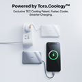 Silver TORRAS PebbleLink 10k mAh power bank & white power bank charging phone, TEC cooling.
