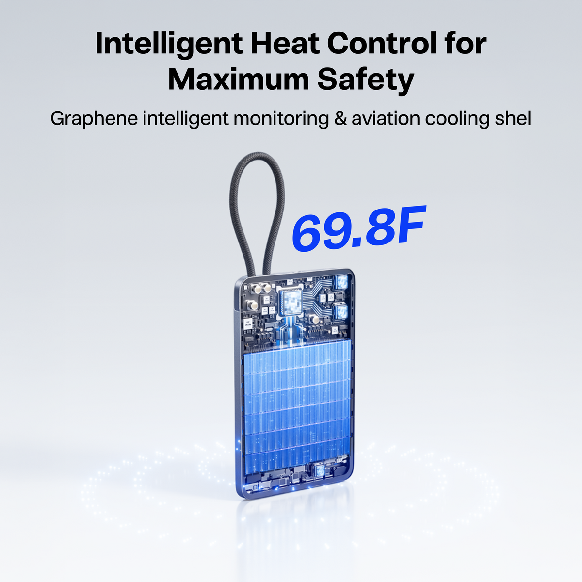 TORRAS PebbleLink 10k mAh power bank cutaway, intelligent graphene heat control, 69.8F.