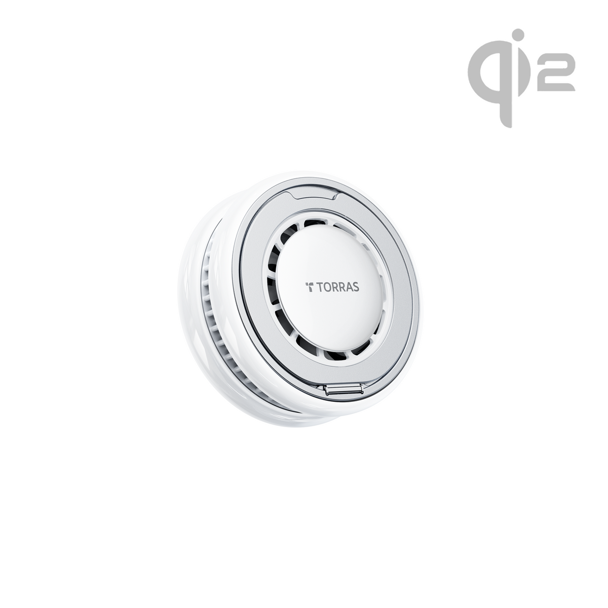 TORRAS PolarCircle Qi2 low-temp wireless charger with cooling vents and Qi2 logo.