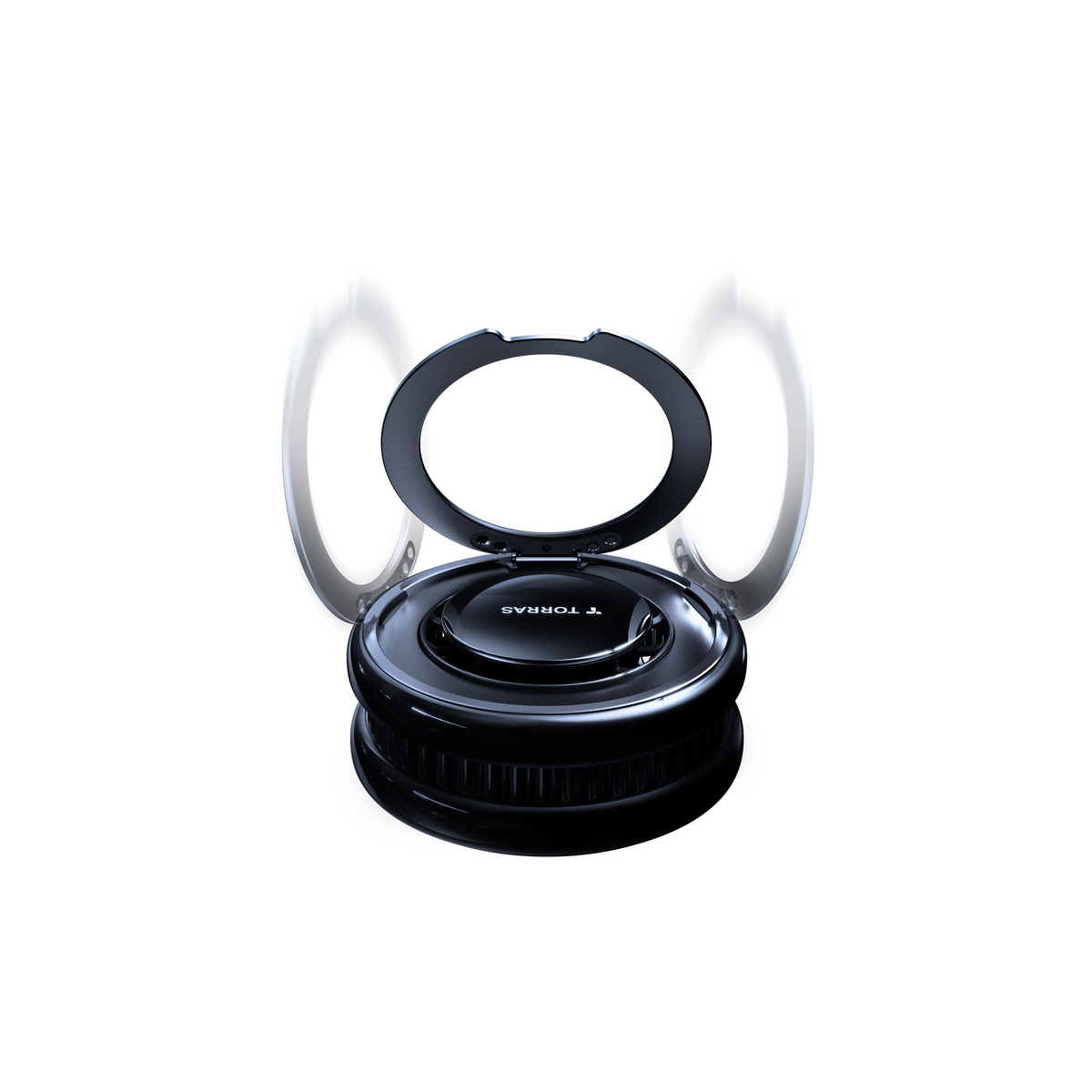 TORRAS PolarCircle Qi2 wireless charger with open stand, T. TORRAS logo, Qi2 certified, cooling fan.